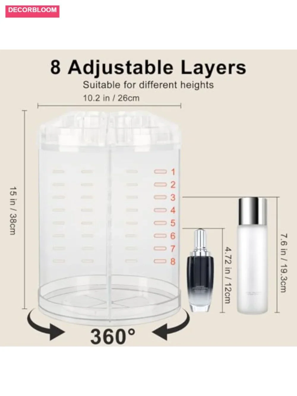 360 Degree Rotating 8-Layer Acrylic Makeup Organizer Storage Display Case